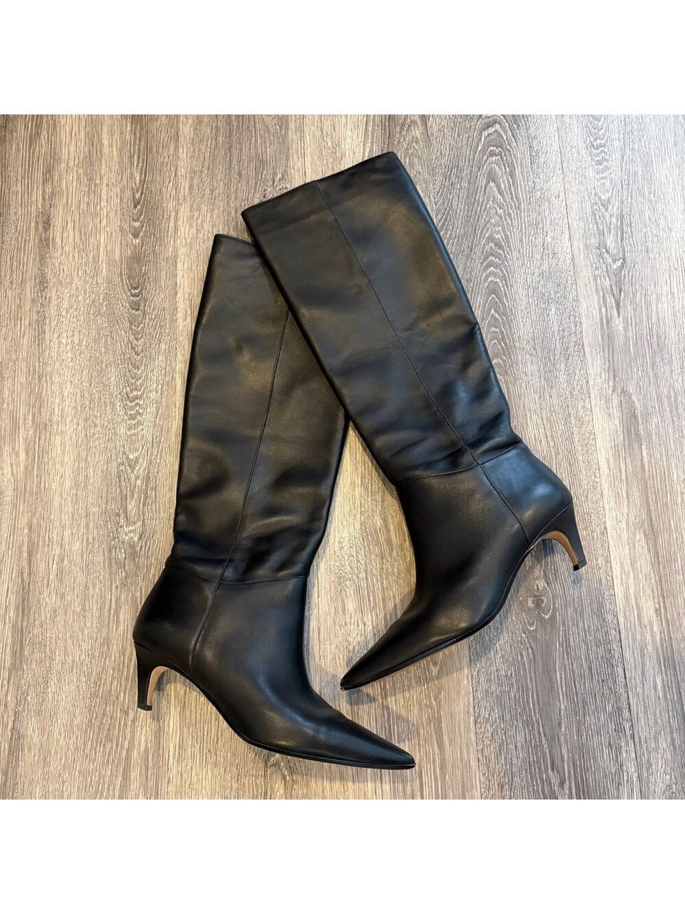 J.Crew New Stevie Knee-High Pull-On Boots Black Leather Pointed Toe Kitten Heel